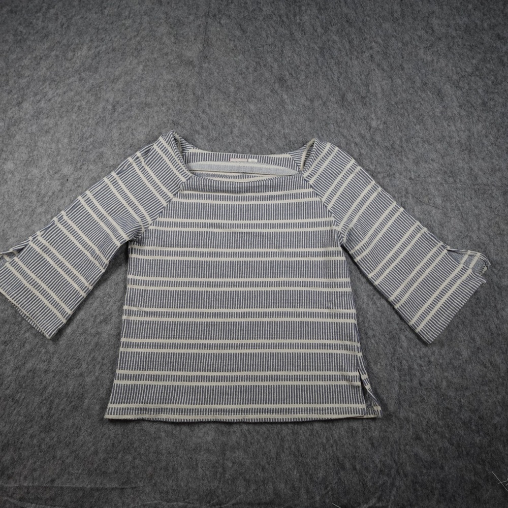 Anthropologie Top Women Small Blue Striped Bell Sleeve Boat Neck Cotton Textured